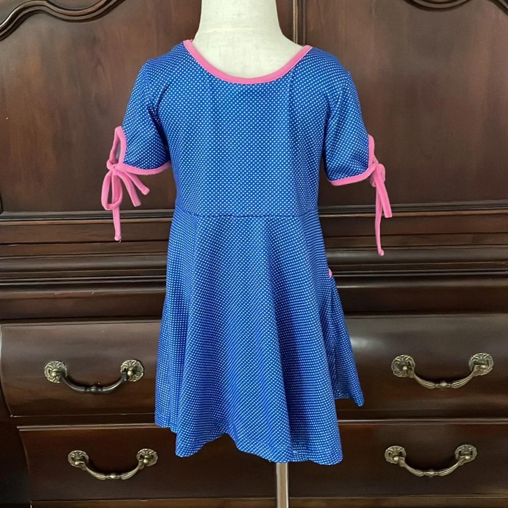 Dash of Glitter Girls Blue Polka Dot Dress 2T Pink Trim Casual Twirl Dress
